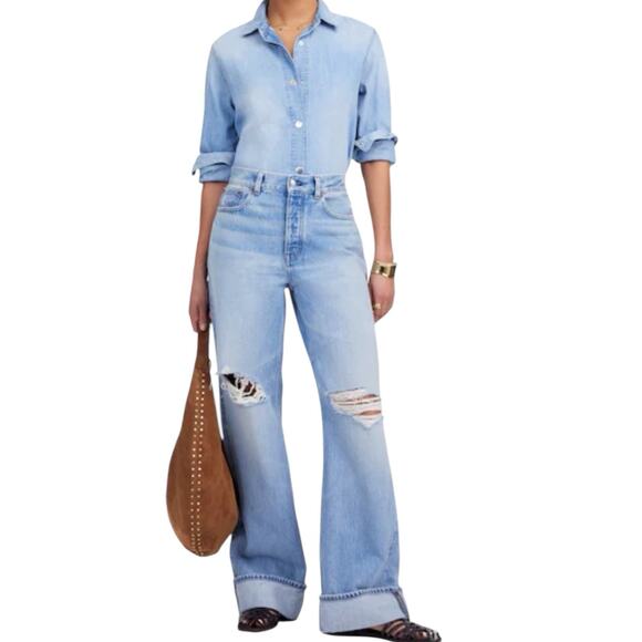 NWD Madewell Low Slung Baggy Jeans Distressed Cuffed Hallstead Wash Sz 25 Petite - Picture 1 of 14